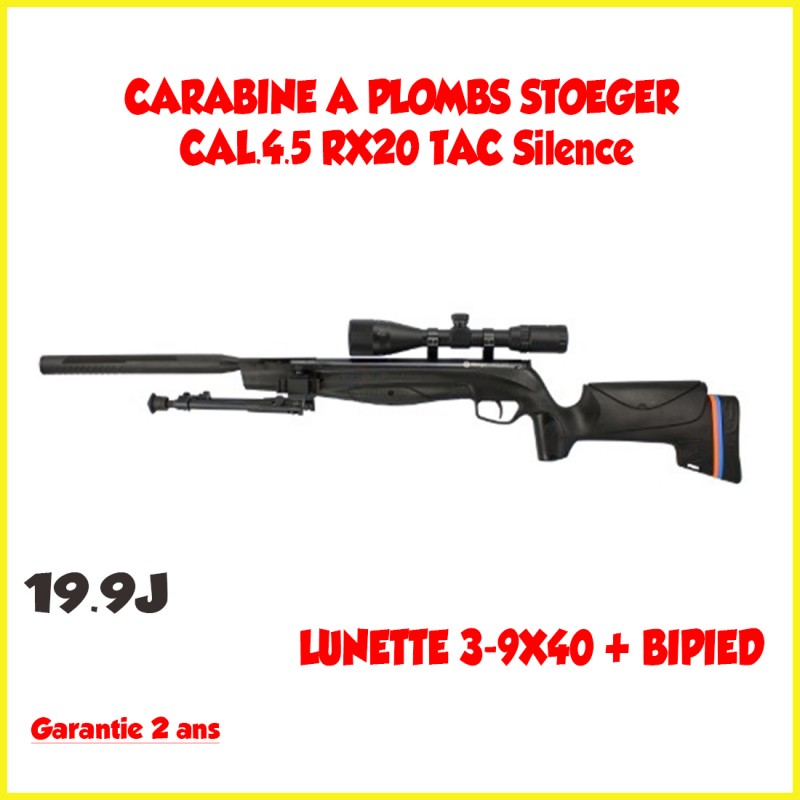 CARABINE A PLOMBS STOEGER CAL.4.5 RX20 TAC SUPPRESSOR19.9J + LUNETTE 3-9X40  + BIPIED+ plombs